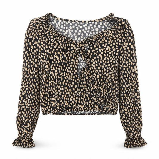 Front view of New Look women’s black, size UK 12, ruffle cropped blouse long sleeve