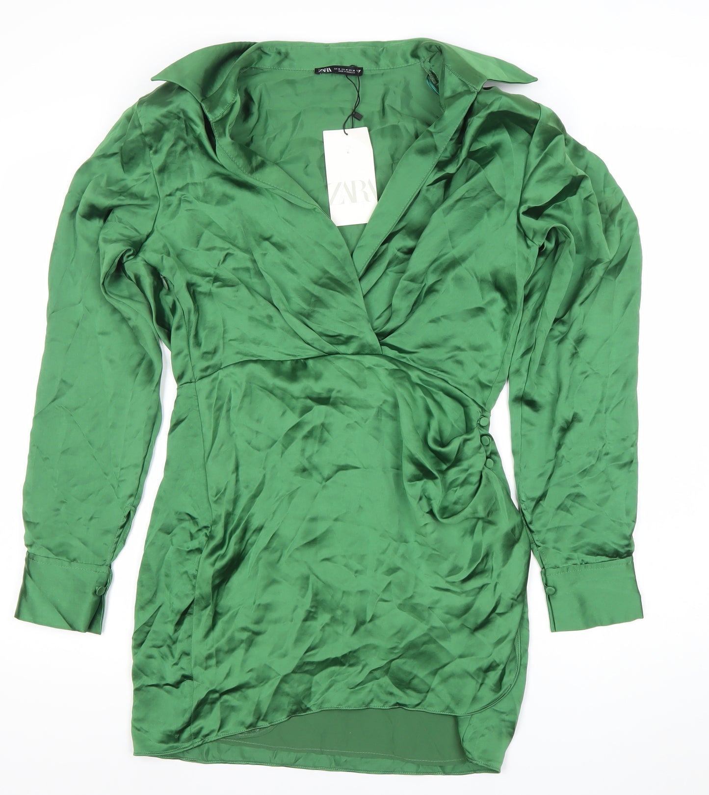 Zara Women Green Satin Wrap Mini Dress Size 12 Collared Long Sleeve Party