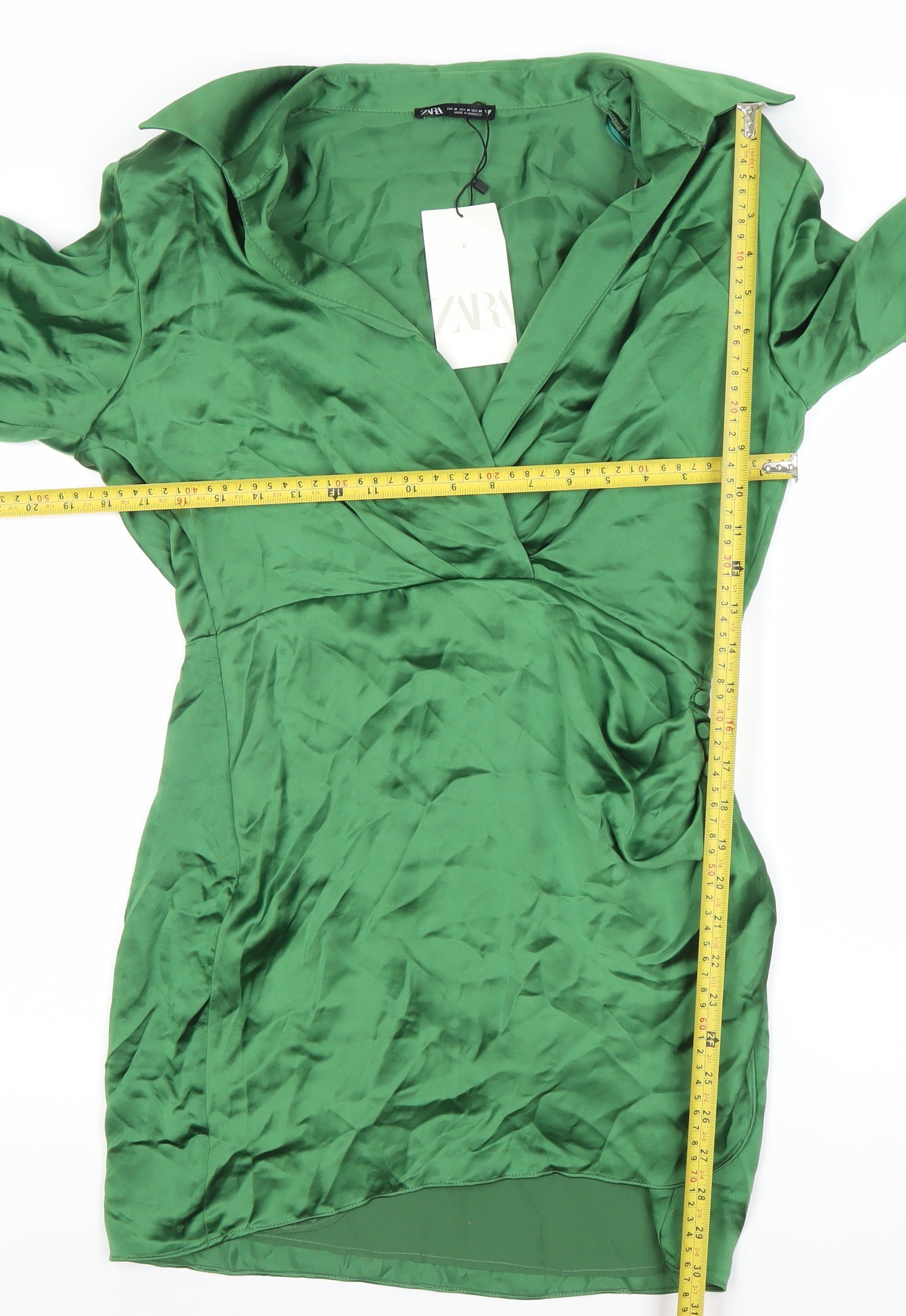 Zara Women Green Satin Wrap Mini Dress Size 12 Collared Long Sleeve Party