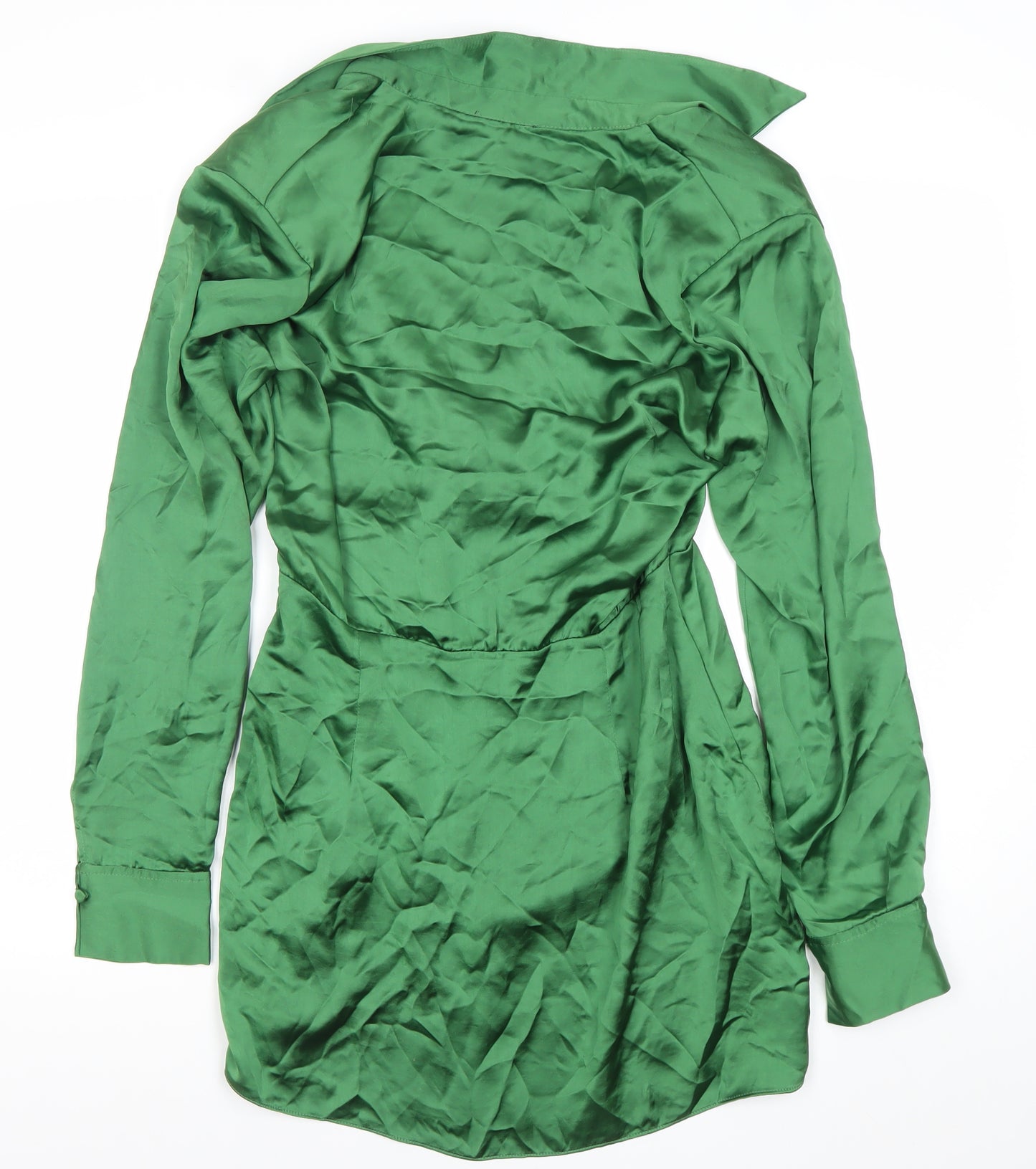 Zara Women Green Satin Wrap Mini Dress Size 12 Collared Long Sleeve Party
