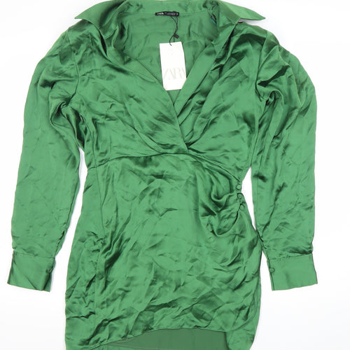Zara Women’s Green Satin Wrap Mini Dress Size 8 Long Sleeve Party