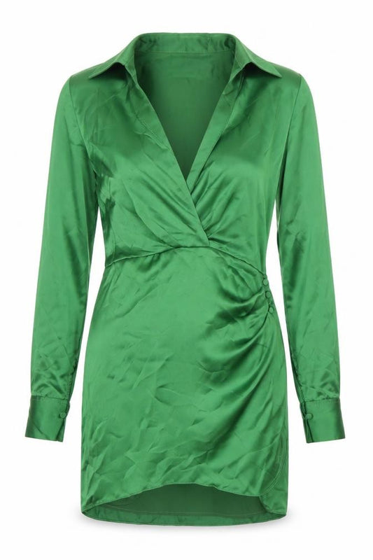 Front view of Zara Women’s Green Satin Wrap Mini Dress, size UK 8, Long Sleeve Party