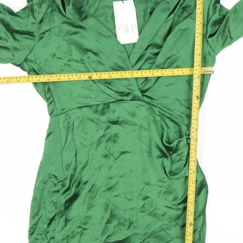 Zara Women’s Green Satin Wrap Mini Dress Size 8 Long Sleeve Party