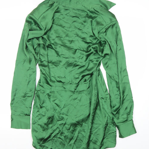 Zara Women’s Green Satin Wrap Mini Dress Size 8 Long Sleeve Party