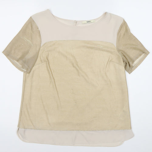Oasis Women’s Beige Metallic Short Sleeve Blouse M Regular Fit