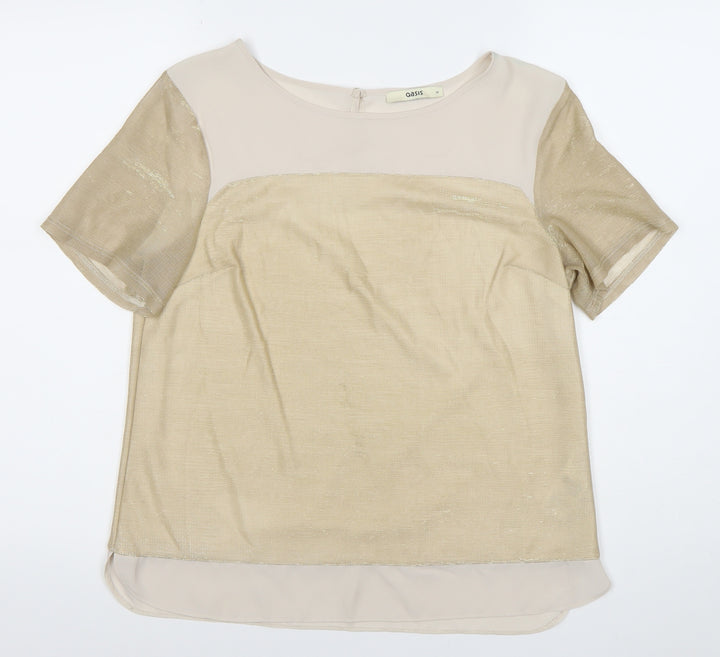 Oasis Women’s Beige Metallic Short Sleeve Blouse M Regular Fit