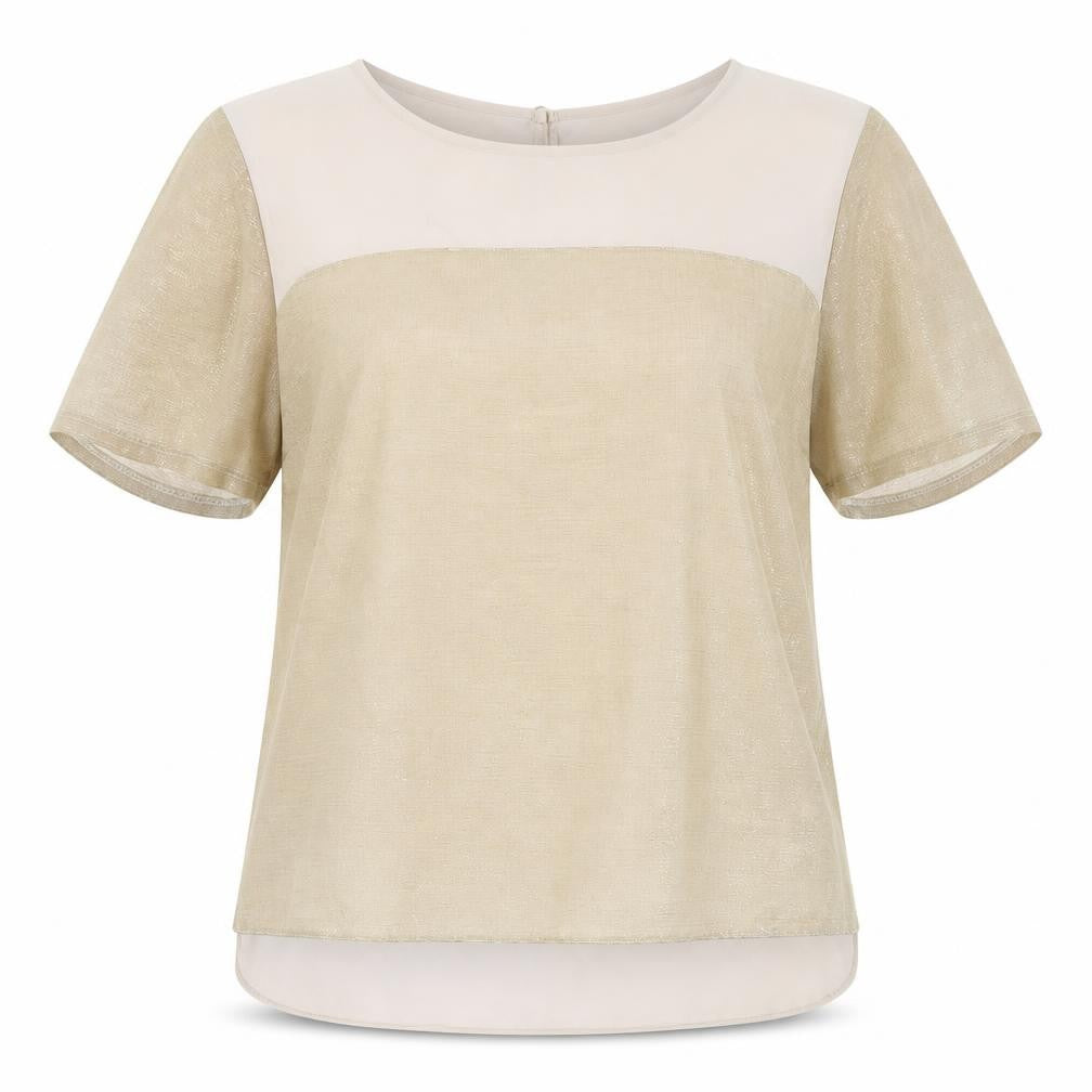 Front view of Oasis Women’s Beige Metallic Short Sleeve Blouse M Regular Fit