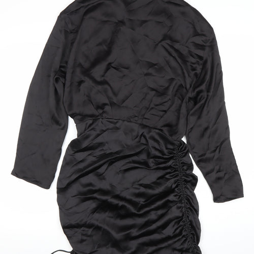 Zara Women Black Satin Shirt Dress Ruched Collared M Long Sleeve