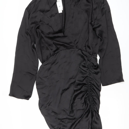 Zara Women Black Satin Shirt Dress Ruched Collared M Long Sleeve