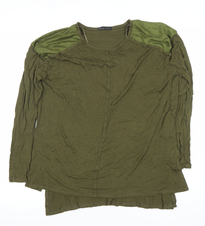 Zara Women Green Long Sleeve Polyester Basic T-Shirt Size L