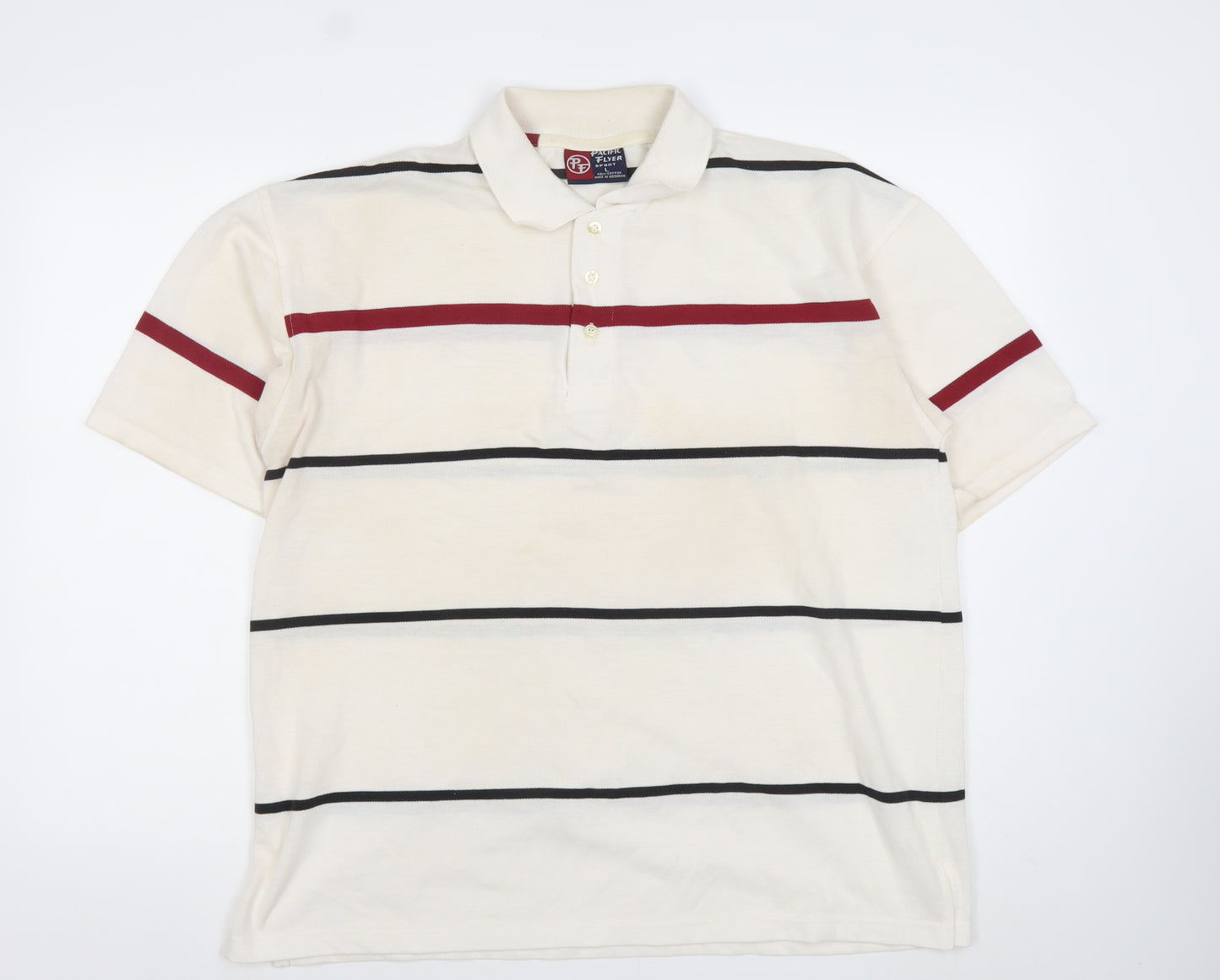 Pacific Flyer Men’s Ivory Striped Polo Shirt Size L Short Sleeve