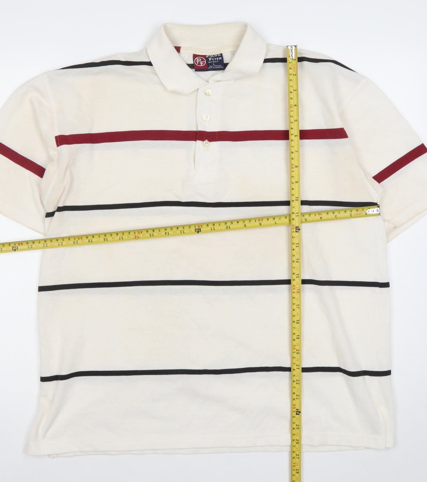Pacific Flyer Men’s Ivory Striped Polo Shirt Size L Short Sleeve