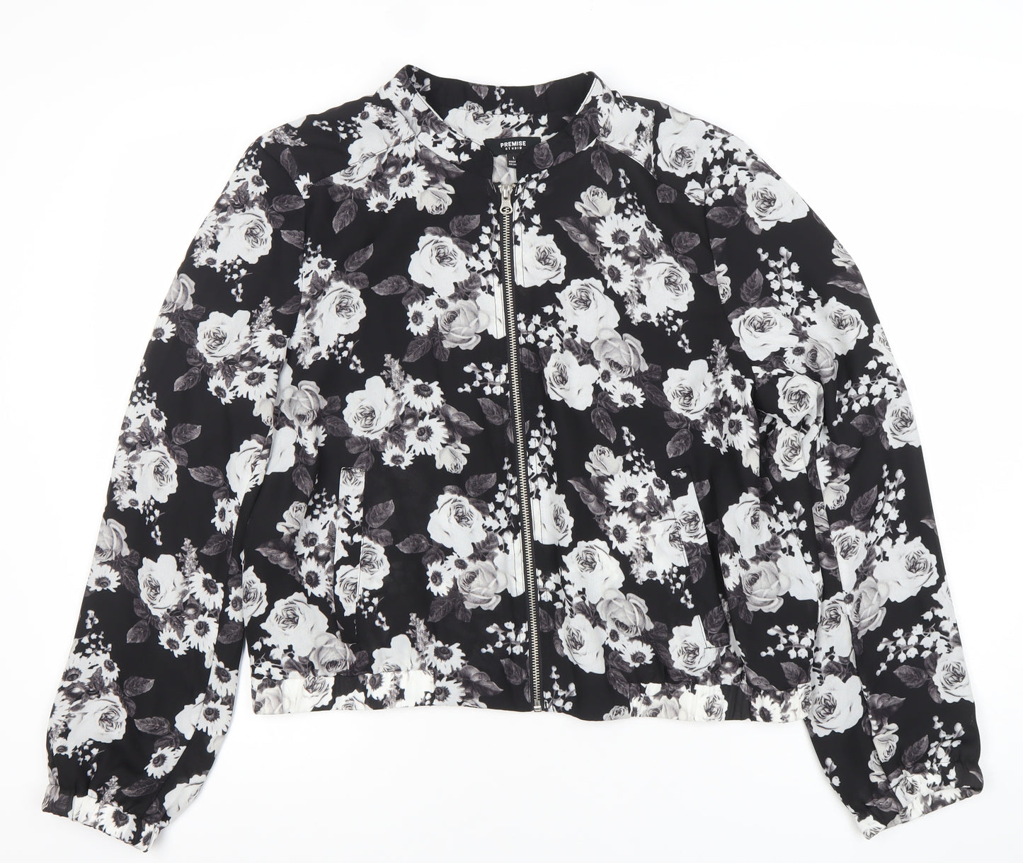 Premise Studio Women’s Black Floral Bomber Jacket Size L Polyester Zip
