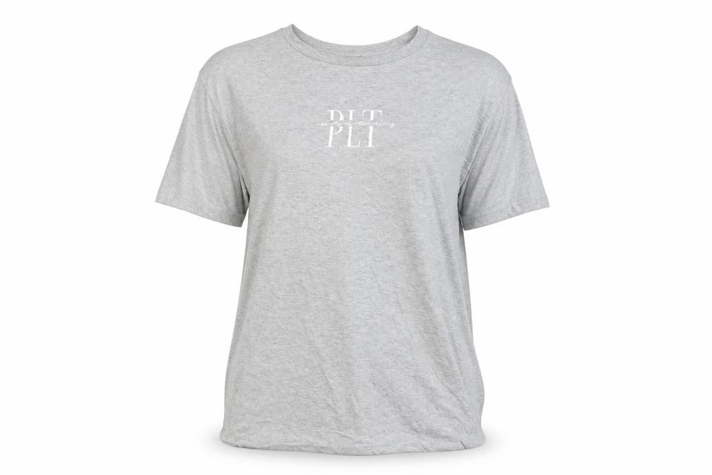 Front view of PRETTYLITTLETHING women’s grey t-shirt m short sleeve crew neck basic