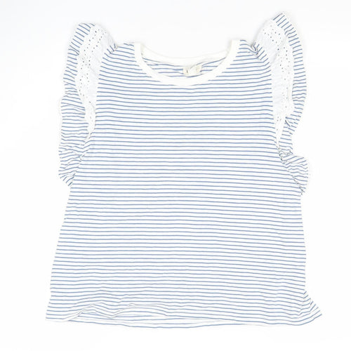 River Island Women White Blue Striped Ruffle Crochet T-Shirt Size 12