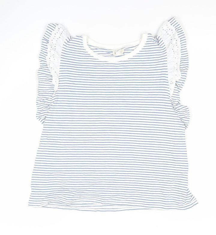 River Island Women White Blue Striped Ruffle Crochet T-Shirt Size 12