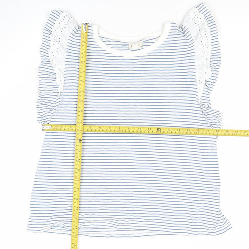 River Island Women White Blue Striped Ruffle Crochet T-Shirt Size 12