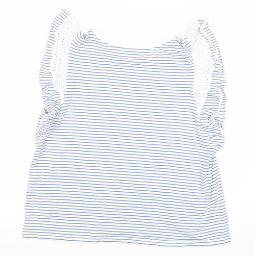 River Island Women White Blue Striped Ruffle Crochet T-Shirt Size 12