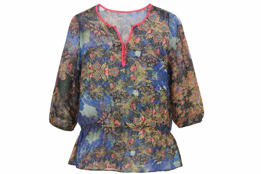 Front view of Wallis Women’s Multicoloured Paisley Sheer Tunic Blouse, size UK 14