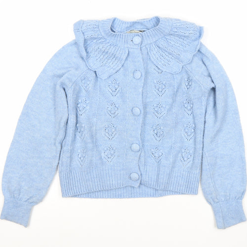 George Womens Blue Knit Ruffle Cardigan S Crew Neck Long Sleeve