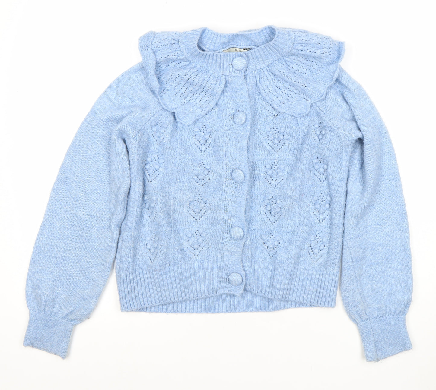 George Womens Blue Knit Ruffle Cardigan S Crew Neck Long Sleeve