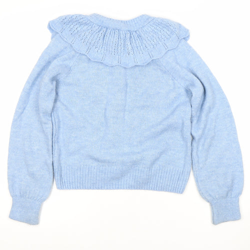George Womens Blue Knit Ruffle Cardigan S Crew Neck Long Sleeve