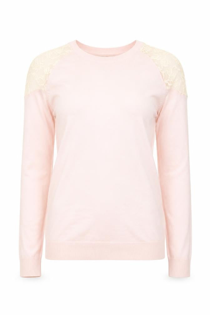 Front view of Select women’s pink lace shoulder long sleeve knit blouse, size UK 12