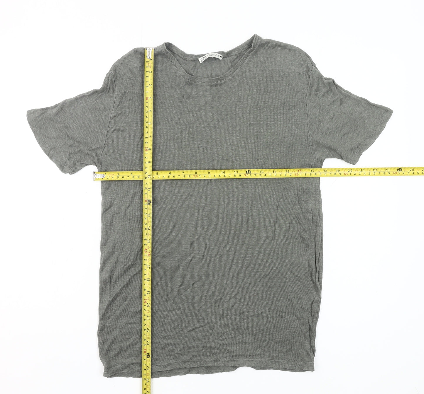 Zara Men Grey L Crew Neck Short Sleeve Cotton T-Shirt