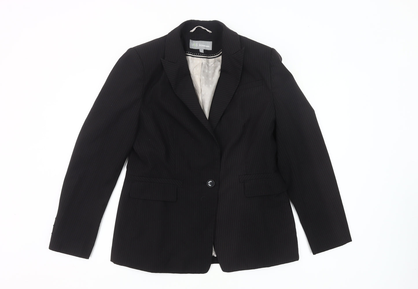 Marks and Spencer Women Black Pinstripe Blazer UK 14 Regular Fit