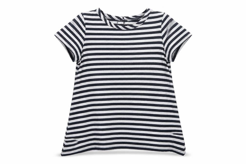 Front view of COIN 1804 women’s striped short sleeve button back t-shirt, size S