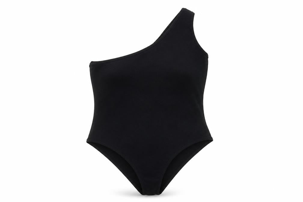 Front view of boohoo women’s black one shoulder bodysuit, size UK 20 plus
