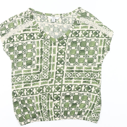 Next Women’s Green Geometric Cotton V-Neck T-Shirt UK 10