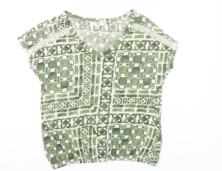 Next Women’s Green Geometric Cotton V-Neck T-Shirt UK 10