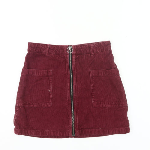 Topshop Women’s Red Corduroy Zip Skirt Size 8 High Waist Pockets