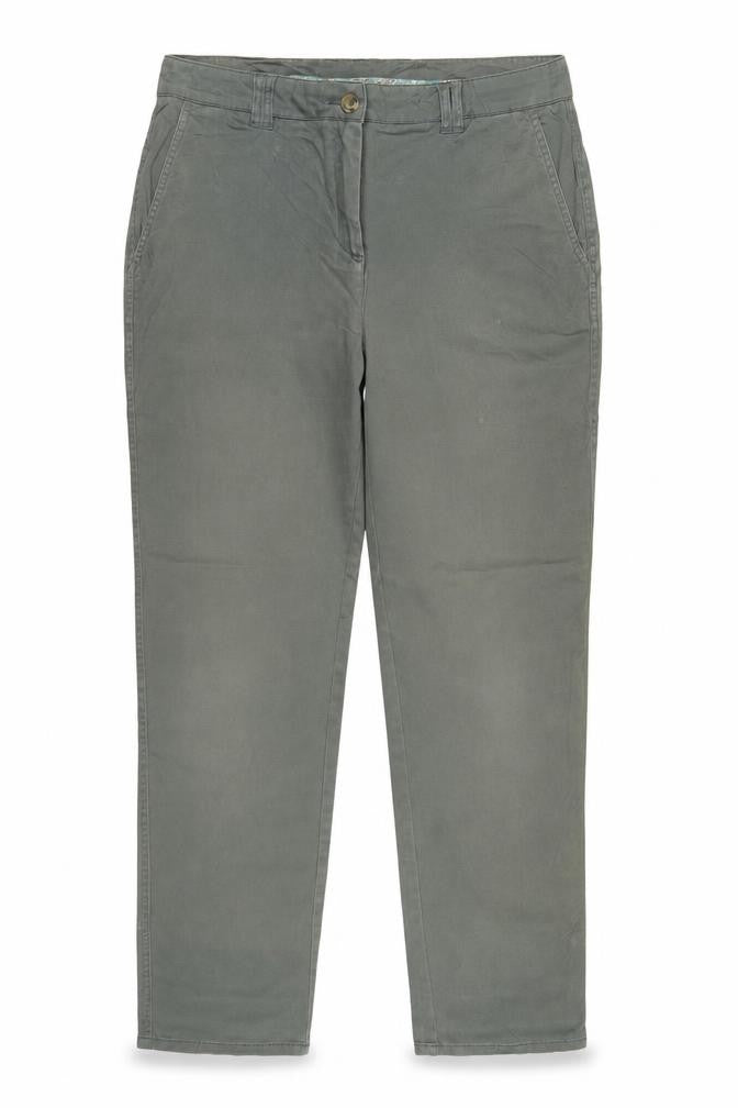 Front view of WoolOvers women’s green chino trousers, size UK 14, cotton stretch