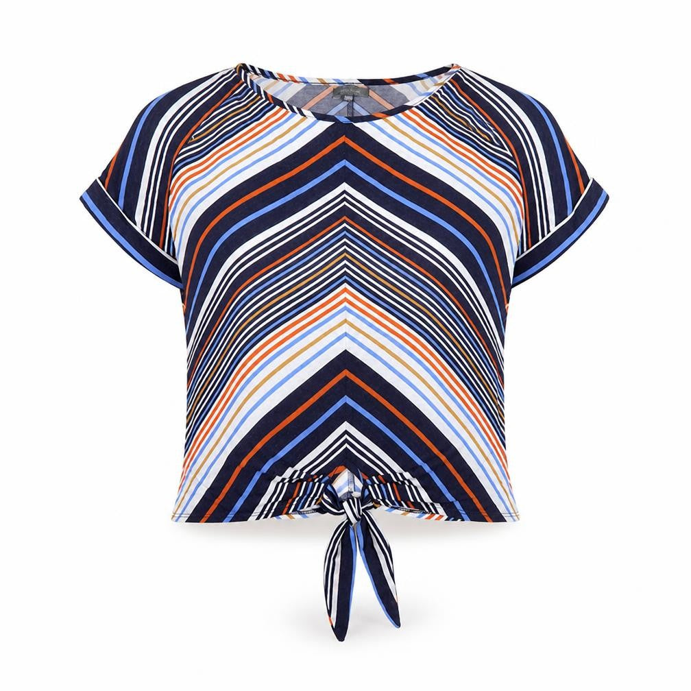 Front view of Intuition women’s multicoloured stripe cropped t-shirt, size UK 12