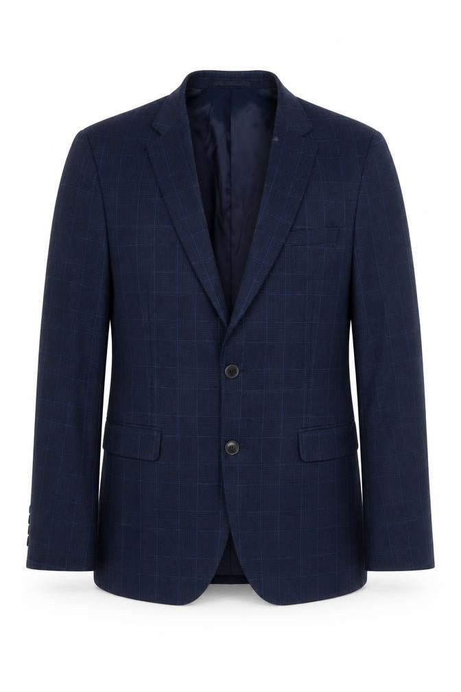 Front view of Kin Men’s Blue Check Wool Blazer Jacket 38R Classic Notch Lapel