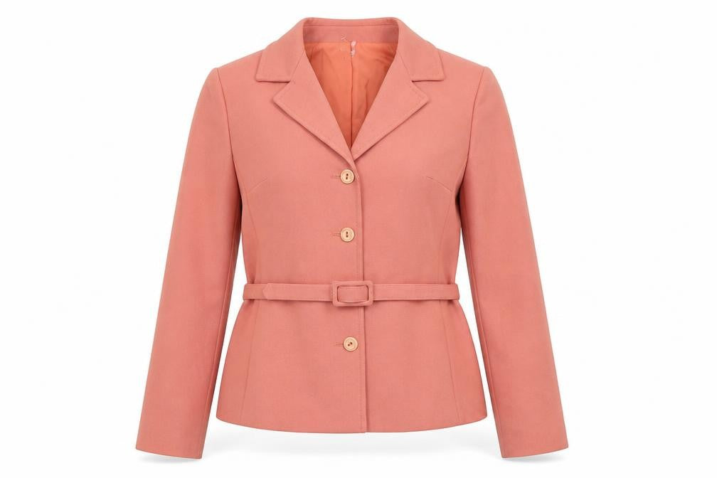 Front view of Enstex women’s pink, size UK 10, belted blazer jacket single breasted