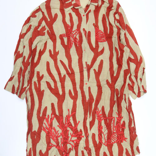Antica Sartoria Women’s Beige Red Shirt Dress S Embroidered Cotton Casual