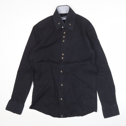 Guide London Mens Black Slim Fit Long Sleeve Button-Up Shirt L