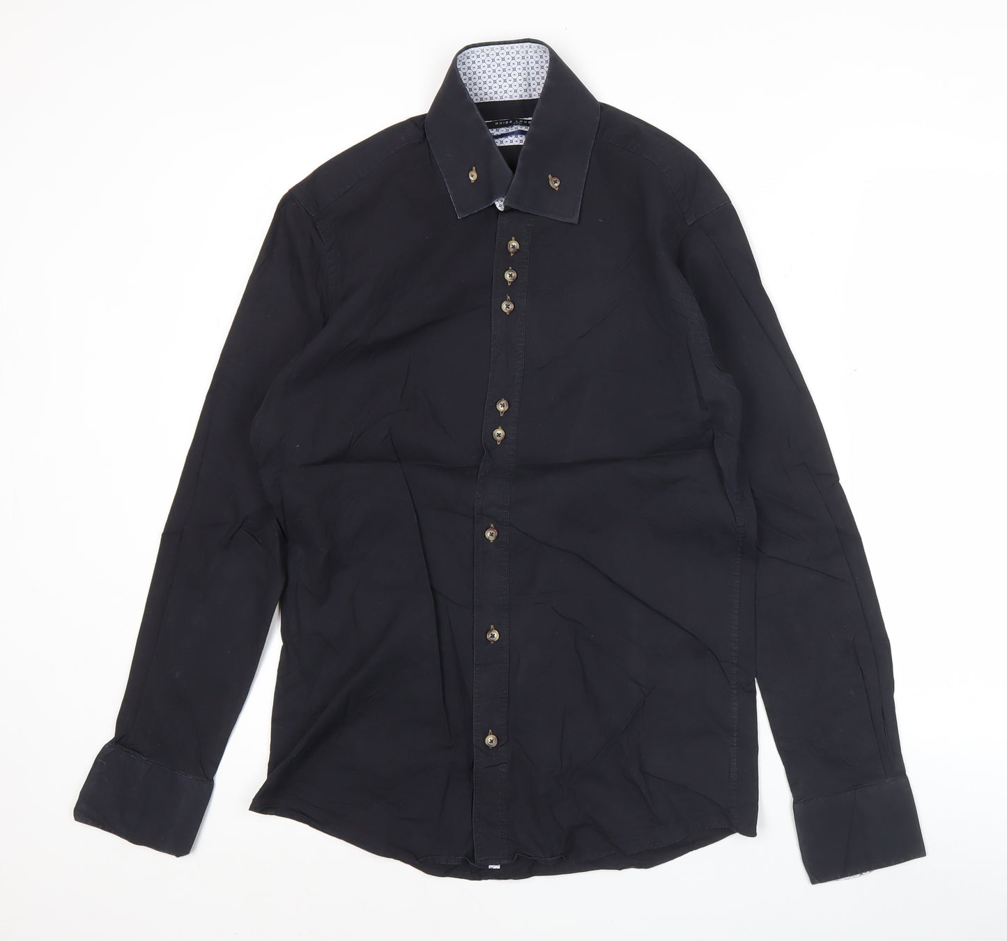 Guide London Mens Black Slim Fit Long Sleeve Button-Up Shirt L