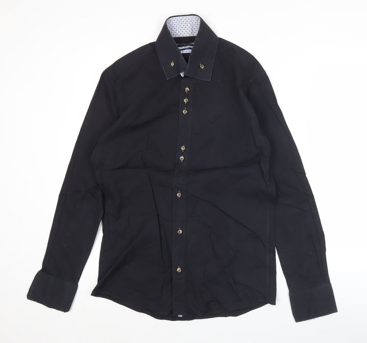 Guide London Mens Black Slim Fit Long Sleeve Button-Up Shirt L