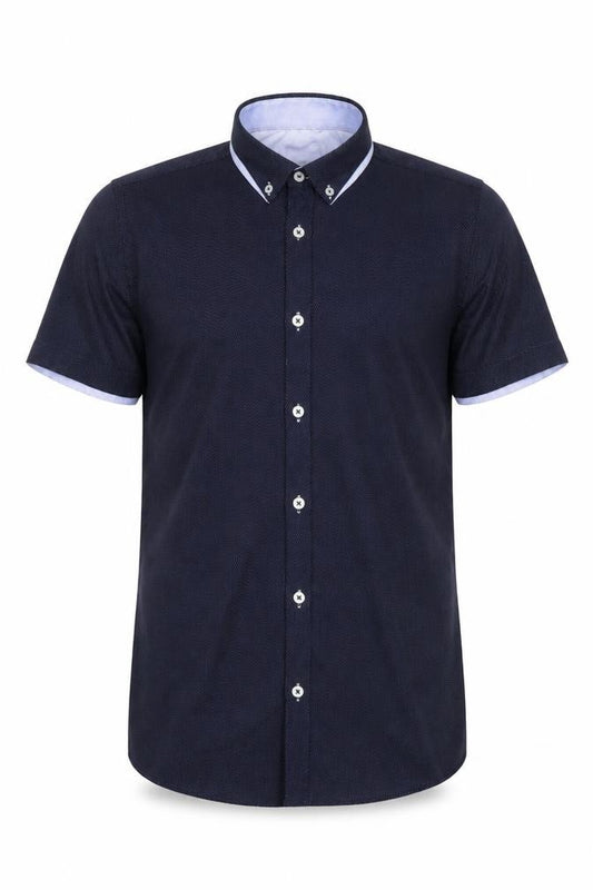 Front view of Burton Menswear London Men's Blue Slim Fit Short Sleeve Button-Up Shirt M