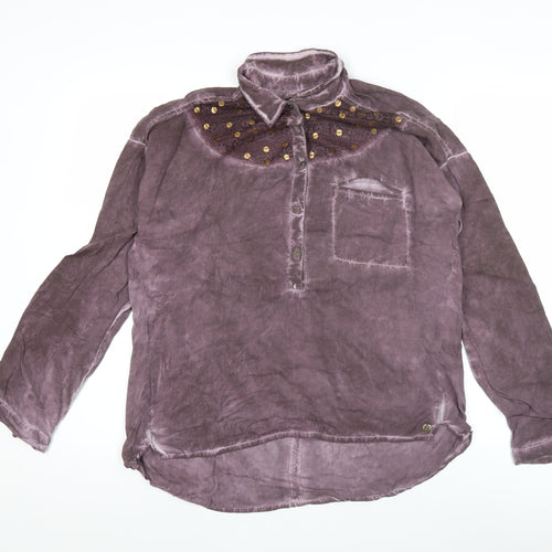 Garcia Jeans Womens Purple Beaded Collar Tunic Button-Up Shirt M