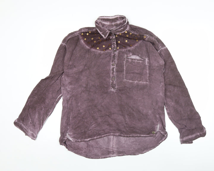 Garcia Jeans Womens Purple Beaded Collar Tunic Button-Up Shirt M