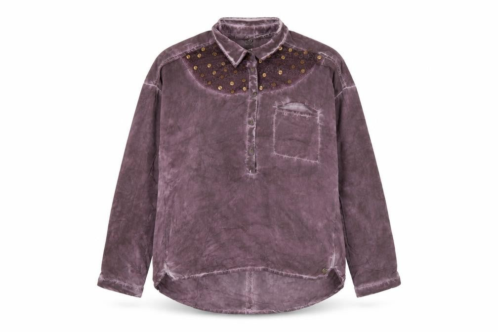 Garcia Jeans Womens Purple Beaded Collar Tunic Button-Up Shirt M