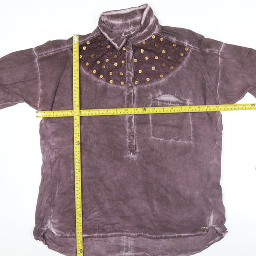 Garcia Jeans Womens Purple Beaded Collar Tunic Button-Up Shirt M