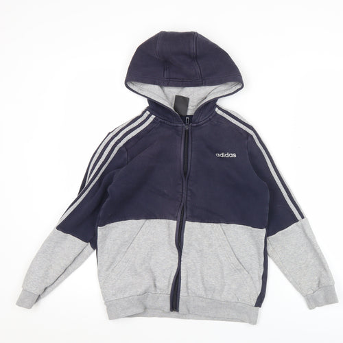 Adidas Boys Blue Grey Full Zip Hoodie 11-12Y Sports Logo Hooded Jacket