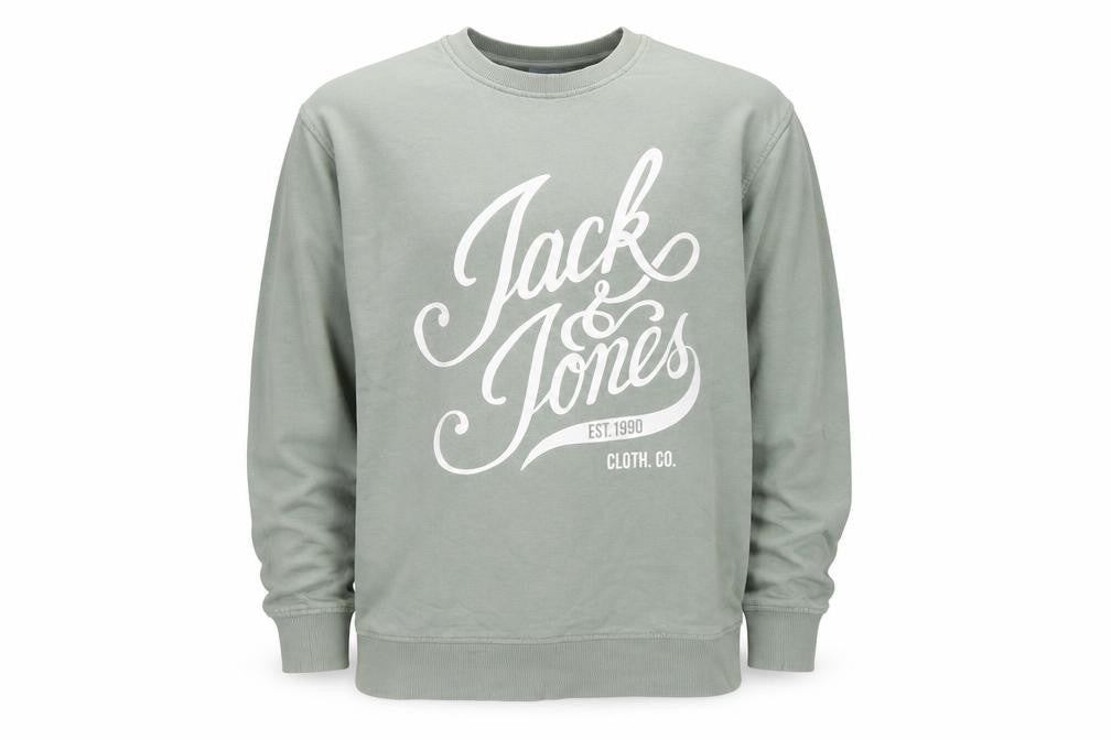 Front view of Jack & Jones men’s green pullover sweatshirt m graphic print logo