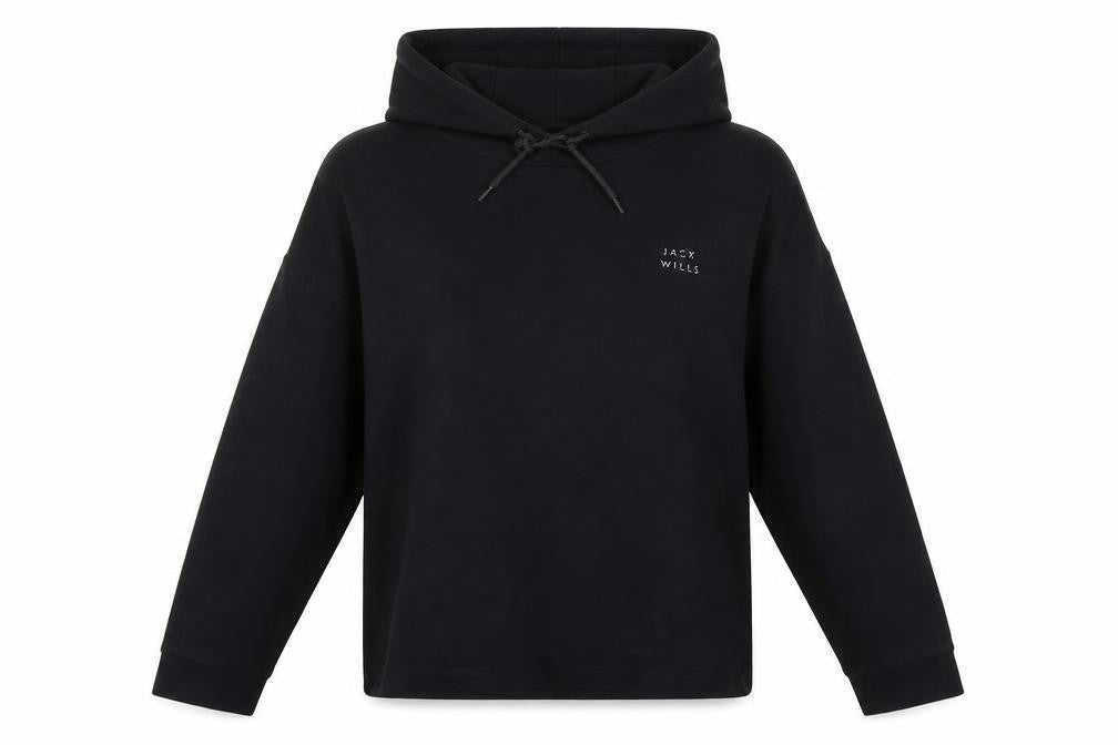 Front view of Jack Wills women’s black pullover hoodie, size UK 6, regular fit